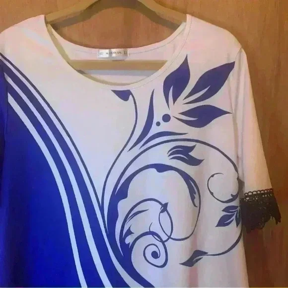 rosegal plus size tops 1X Blue With Lace Short Sleeve Crew Neck - Picture 3 of 13